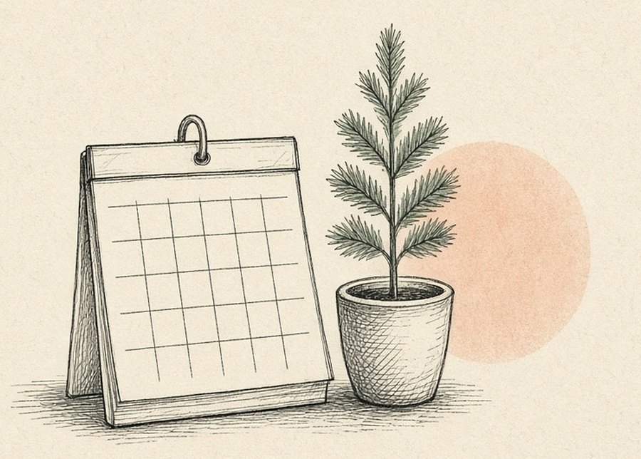 Pencil sketch of a desk calendar and a small potted pine
