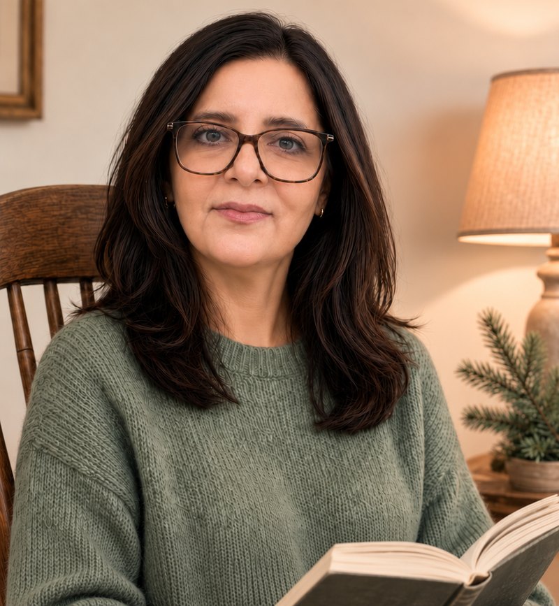 Poonam in a reading chair with an open book